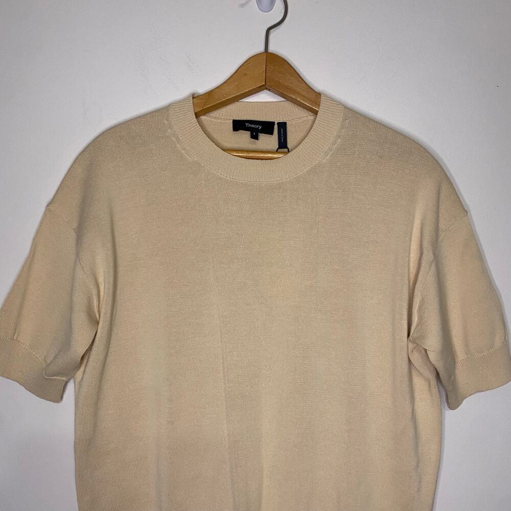 New Theory Short Sleeve Sweater Tee Wood Ash Beige Tan Cotton Size Small Preppy - Picture 4 of 11